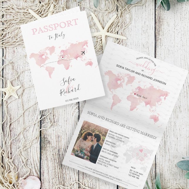 Invitación Mármol del mapa del mundo rosado de la pasaporte d (blush pink watercolor world map)