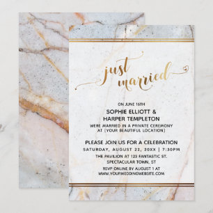 Invitación Mármol Dorado Acaba de Casarse Caligrafía Corazone