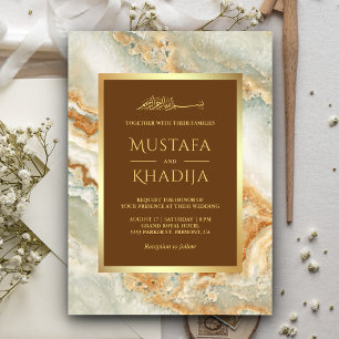 Invitación Mármol Dorado Marrón Hoja Dorada Falsa Boda Islámi