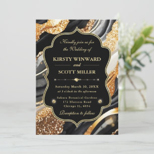 Invitación Mármol Dorado Negro Glitter Elegante Boda
