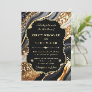 Invitación Mármol Dorado Negro Glitter Elegante Boda