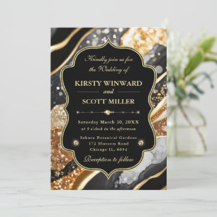 Invitación Mármol Dorado Negro Glitter Elegante Boda