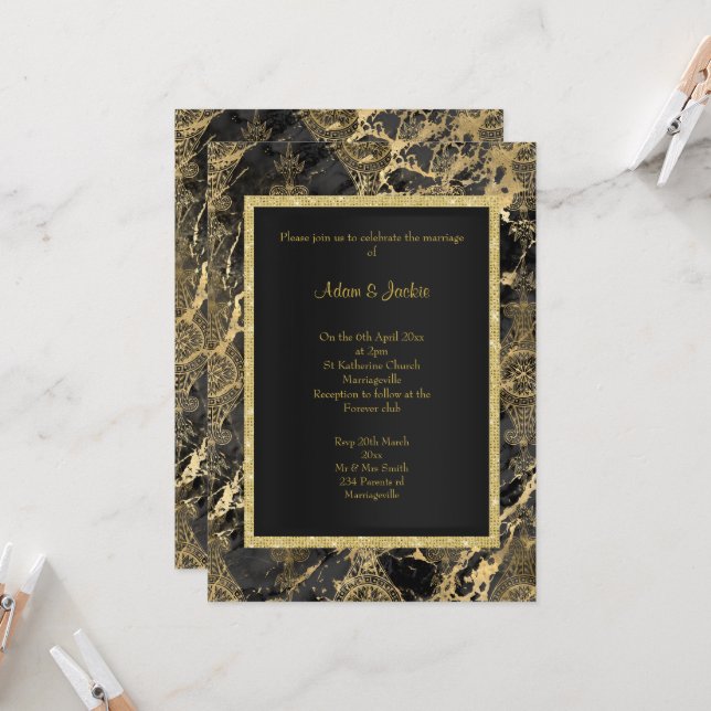 INVITACIÓN MÁRMOL ELEGANTE BODA DE ORO NEGRO (Anverso/Reverso In Situ)