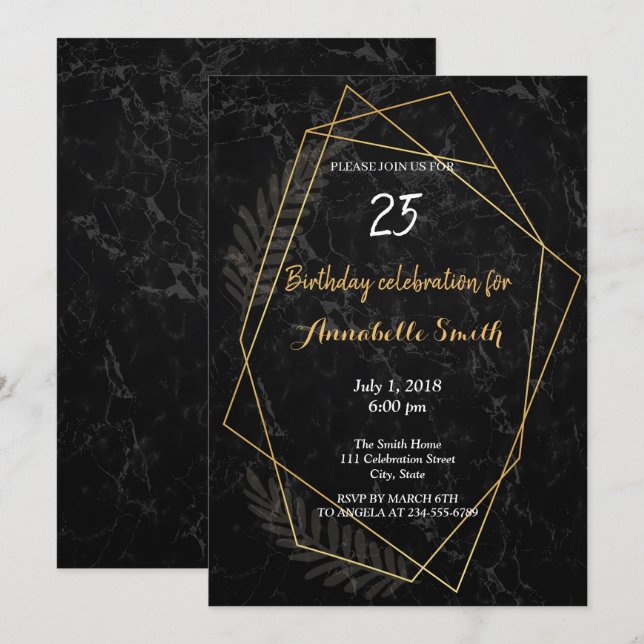 Invitación Mármol Falso Geométrico Cumpleaños (Anverso / Reverso)