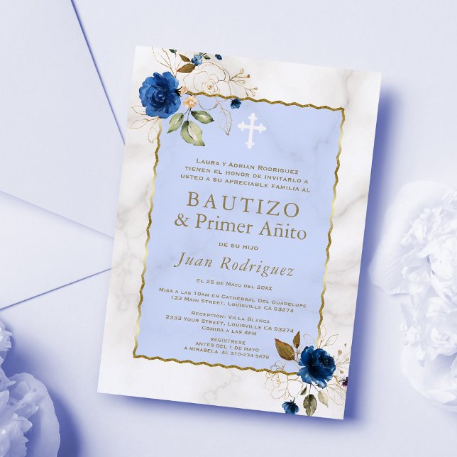 Invitación Mármol Floral Azul Español Primer bautismo de cump (Subido por el creador)