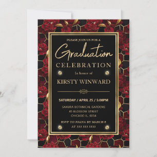 Invitación Mármol Floral de Graduación Rojo Negro y Dorado