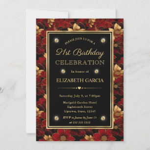 Invitación Mármol Floral Rojo Negro y Dorado Cumpleaños 21