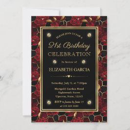 Invitación Mármol Floral Rojo Negro y Dorado Cumpleaños 21