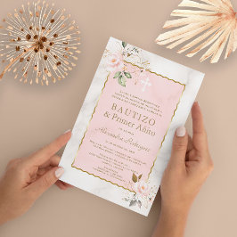 Invitación Mármol Floral Rosa Español Primer bautismo de cump