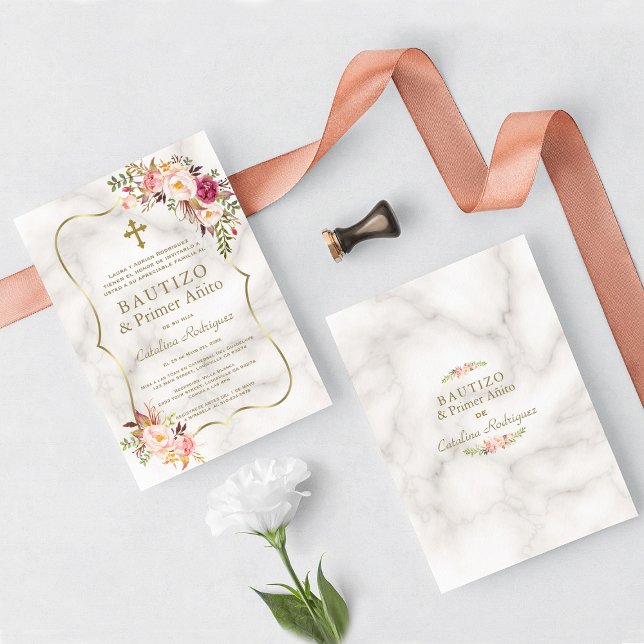 Invitación Mármol Floral Rosa Español Primer bautismo de cump (trendy elegant floral bautizo primer añito Spanish baptism invitation)