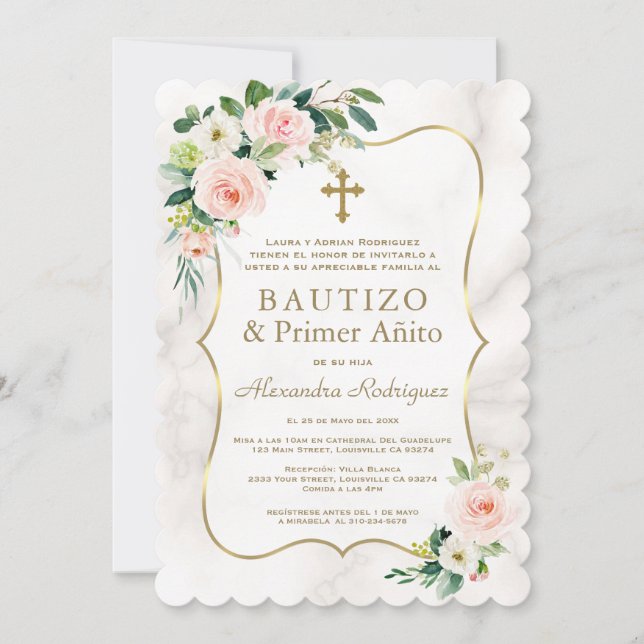 Invitación Mármol Floral Rosa Español Primer bautismo de cump (Anverso)
