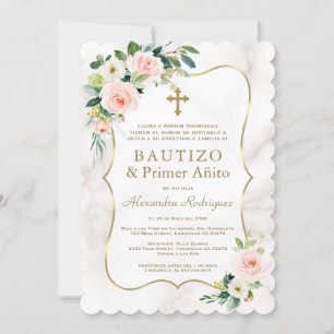 Invitación Mármol Floral Rosa Español Primer bautismo de cump