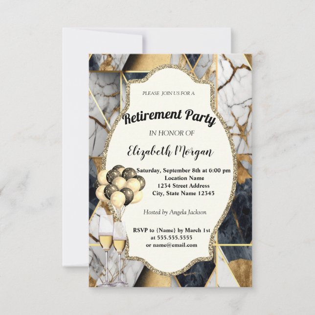 Invitación Mármol geométrico, vidrio de vino, globos, jubilac (Anverso)