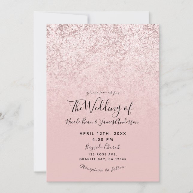 Invitación Mármol Glam de Boda con Brillo Dorado Rosa Rubor (Anverso)