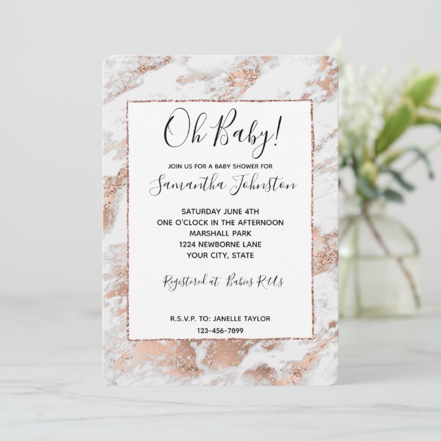 Invitación Mármol Glitzy Blanco Rosa Bonito (Anverso de pie)