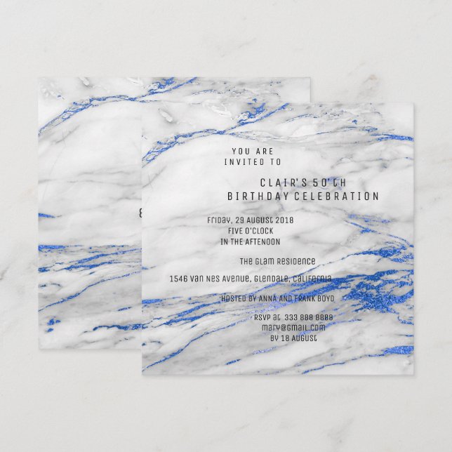 Invitación Mármol gris azul blanco Fiesta de cumpleaños mínim (Anverso / Reverso)