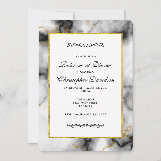 Invitación Mármol gris blanco moderno con cinta de oro (Anverso)