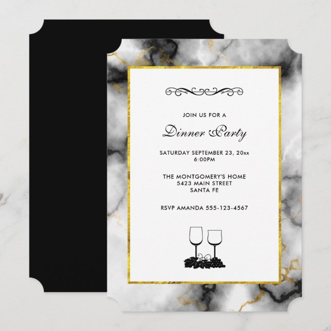 Invitación Mármol gris blanco moderno con cinta de oro (Anverso / Reverso)