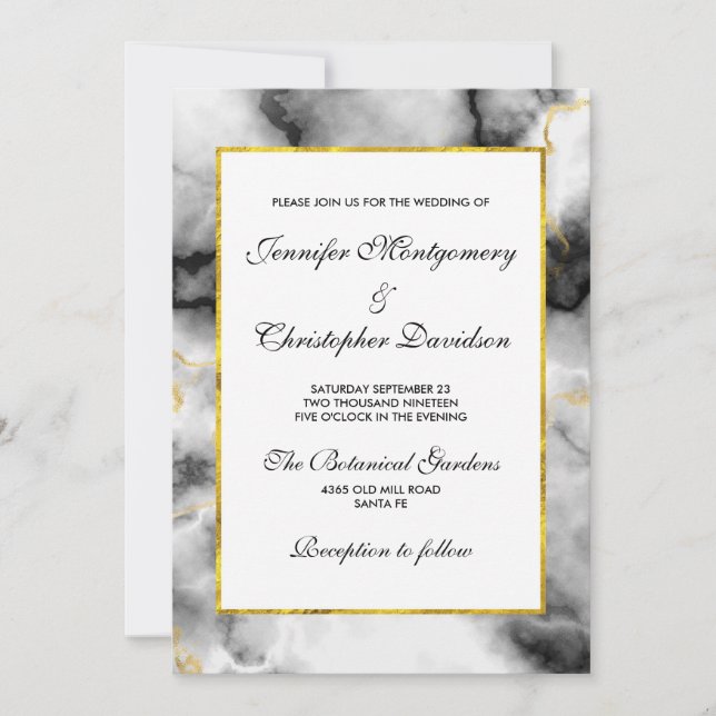 Invitación Mármol gris blanco moderno con cinta de oro (Anverso)