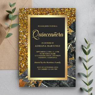 Invitación Mármol Gris Carbón con Brillo de Oro Falso Quincea