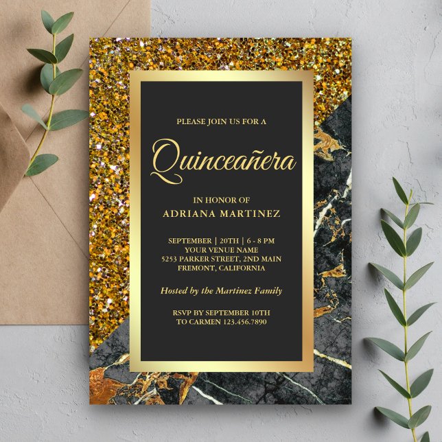 Invitación Mármol Gris Carbón con Brillo de Oro Falso Quincea (Subido por el creador)