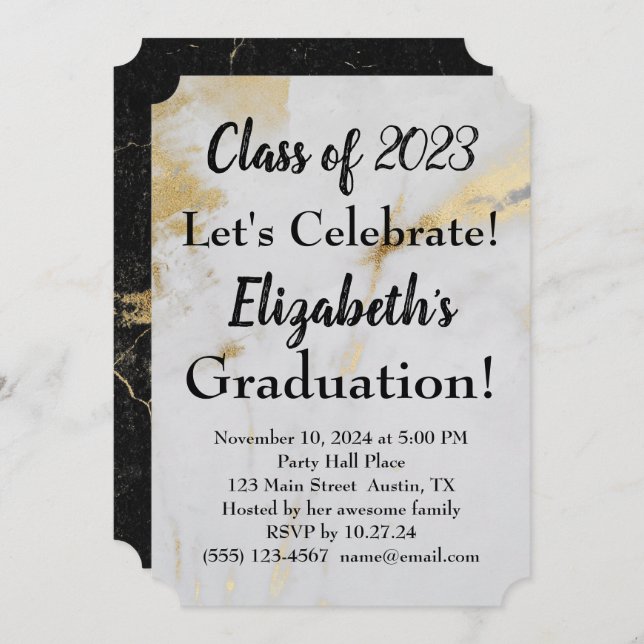 Invitación Mármol gris de oro de graduación 2023 con texto ne (Anverso / Reverso)