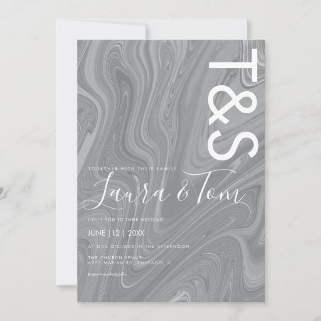 Invitación Mármol Líquido Agate Gris Tipografía Boda Invita (Anverso)