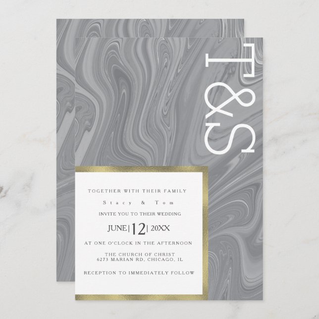 Invitación Mármol Líquido Agate Gris Typography Boda (Anverso / Reverso)