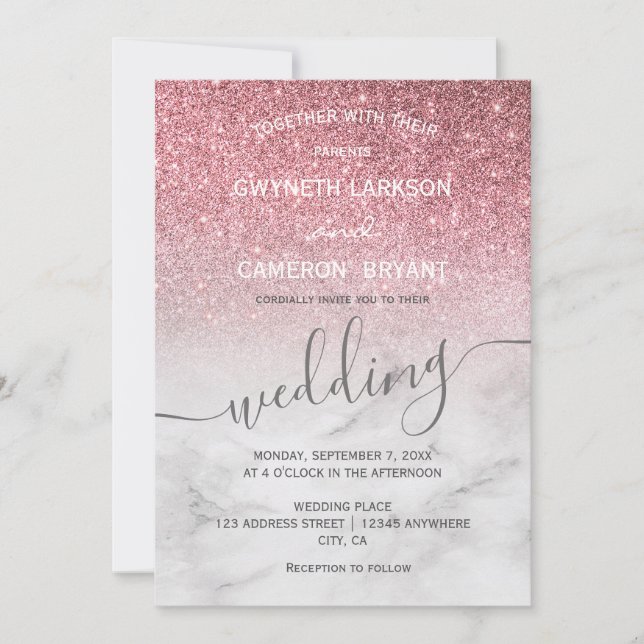 Invitación Mármol moderno brillo femenino oro rosa (Anverso)
