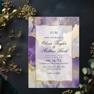 Invitación Mármol Moderno Púrpura y Boda de oro