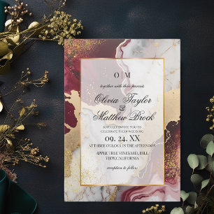 Invitación Mármol Moderno Romántico Borgoña y Boda de oro