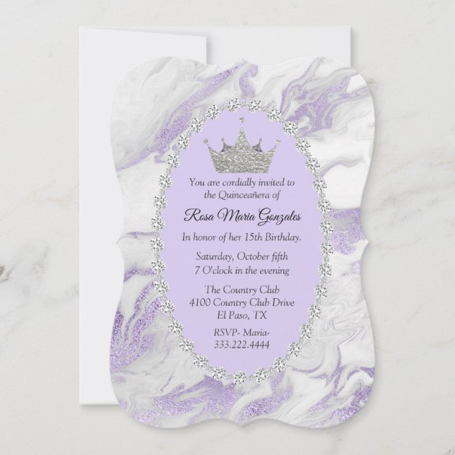 Invitación Mármol morado y diamantes coronan quinceañera (Anverso)