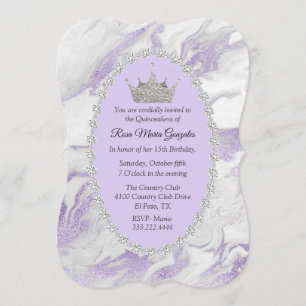 Invitación Mármol morado y diamantes coronan quinceañera
