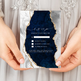 Invitación Mármol Navy, Agata Blanca y Dorada RSVP de Boda