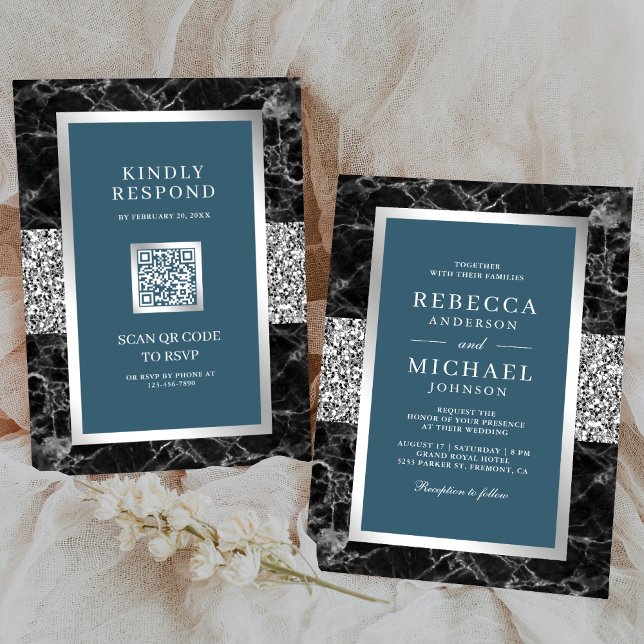 Invitación Mármol Negro Código QR Azul Polvoriento Plateado B (Subido por el creador)