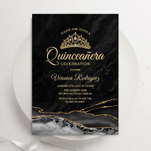 Invitación Mármol negro de la ágata del oro Quinceanera
