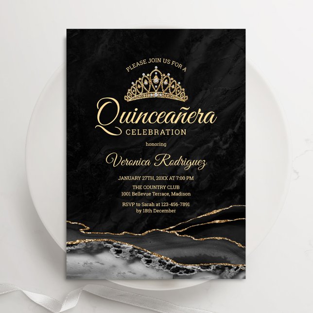 Invitación Mármol negro de la ágata del oro Quinceanera (Subido por el creador)