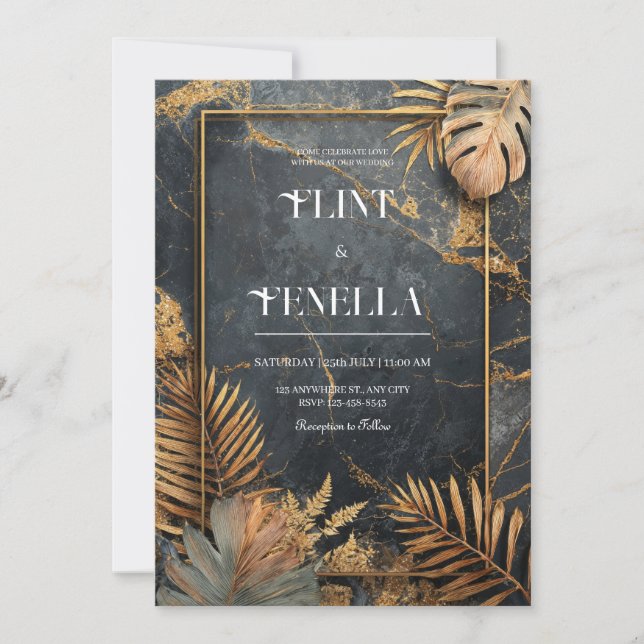 Invitación Mármol Negro Hoja Tropical de Pan de Oro Moderno B (Anverso)