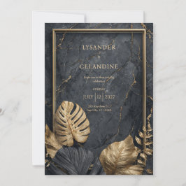Invitación Mármol Negro Monstera Dorado Tropical Boda Moderna