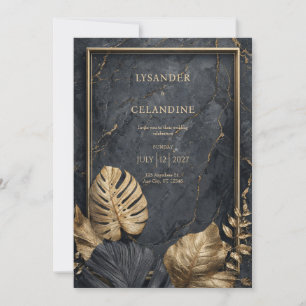 Invitación Mármol Negro Monstera Dorado Tropical Boda Moderna