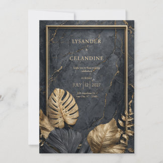Invitación Mármol Negro Monstera Dorado Tropical Boda Moderna