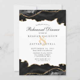 Invitación Mármol Negro Oro Ágata Moderno Ensayo Cena En