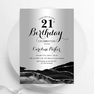 Invitación Mármol negro plateado 21 cumpleaños