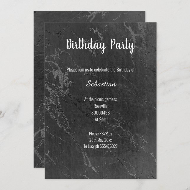 INVITACIÓN MÁRMOL NEGRO SIMPLE TODAS LAS OCASIONES CUMPLEAÑOS (Anverso / Reverso)
