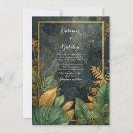 Invitación Mármol Negro Tropical Verde Esmeralda Boda Moderna