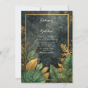 Invitación Mármol Negro Tropical Verde Esmeralda Boda Moderna