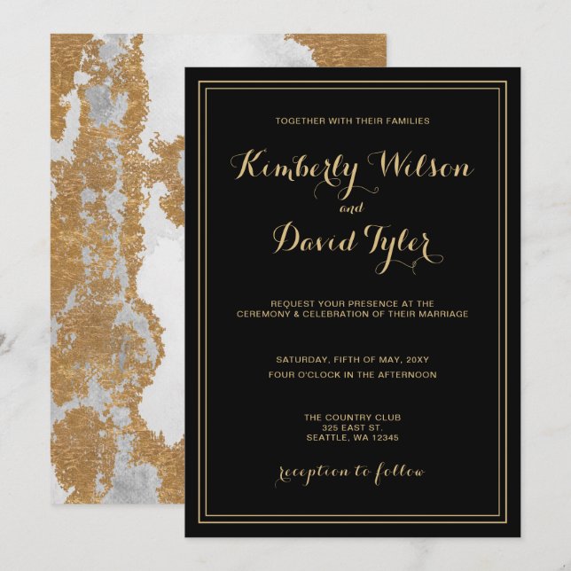 Invitación Mármol Negro y Boda de oro (Anverso / Reverso)
