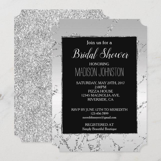 Invitación Mármol plateado y negro (Anverso / Reverso)