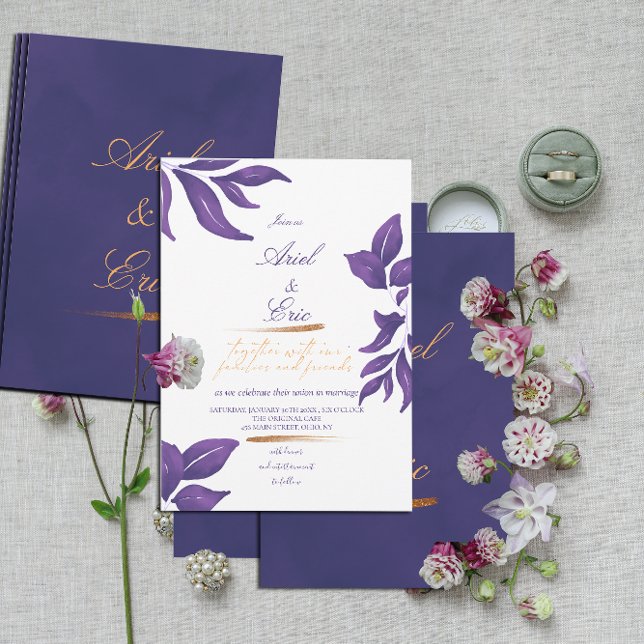 Invitación Mármol Púrpura y Eucalipto de Oro Elegante Boda (Subido por el creador)