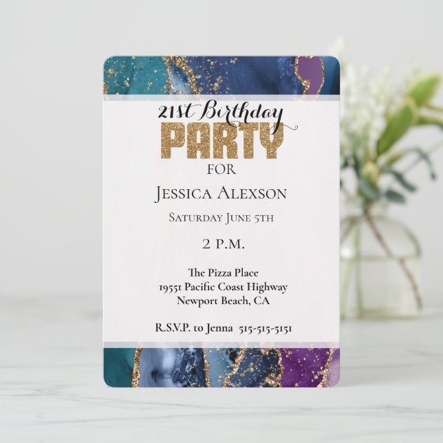 Invitación Mármol Purpurina de oro azul turquesa (Anverso de pie)